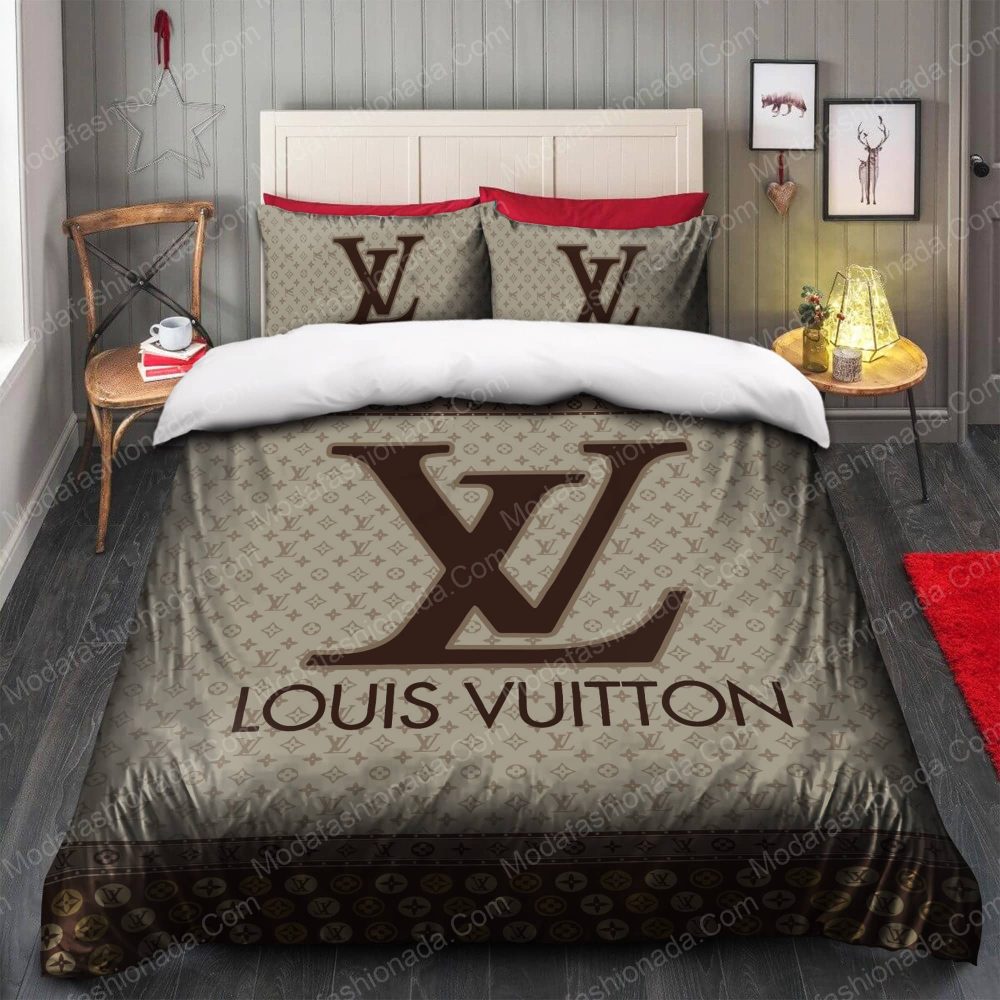 Brown And Beige Lv Logo Bedding Sets