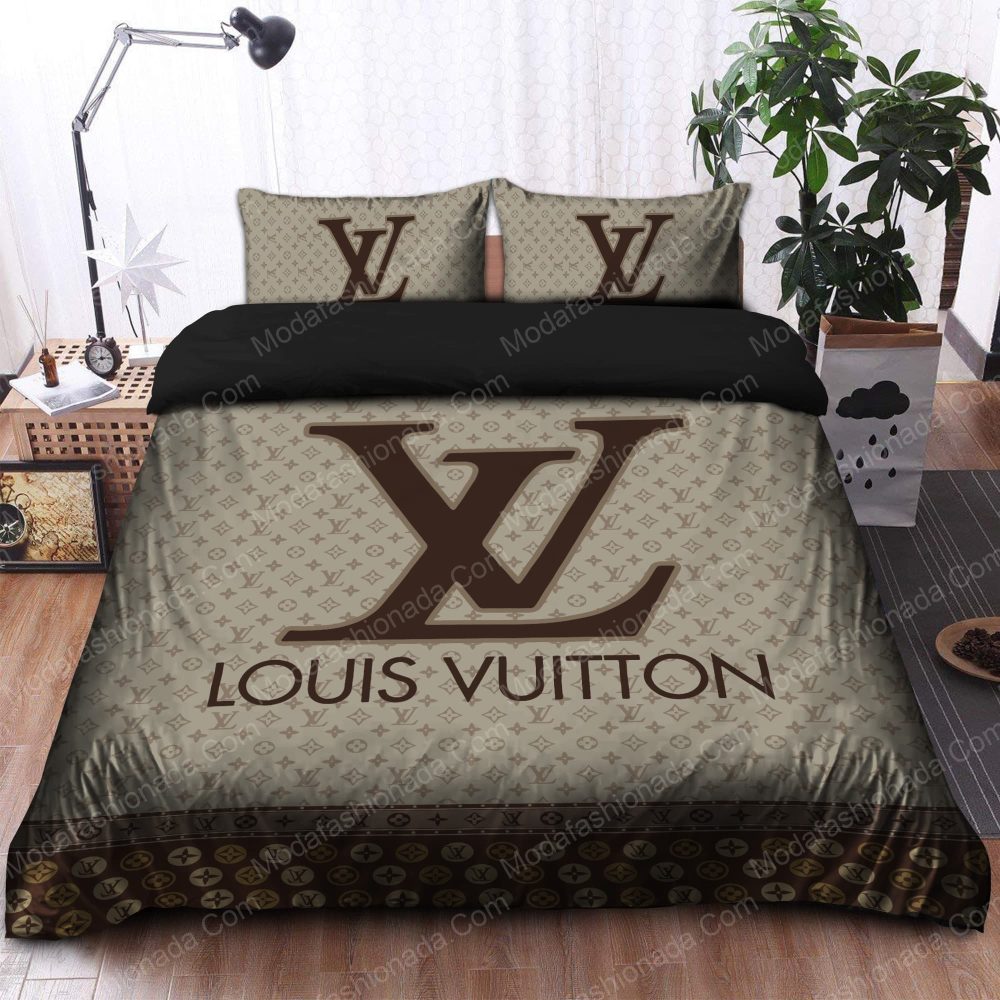 Brown And Beige Lv Logo Bedding Sets