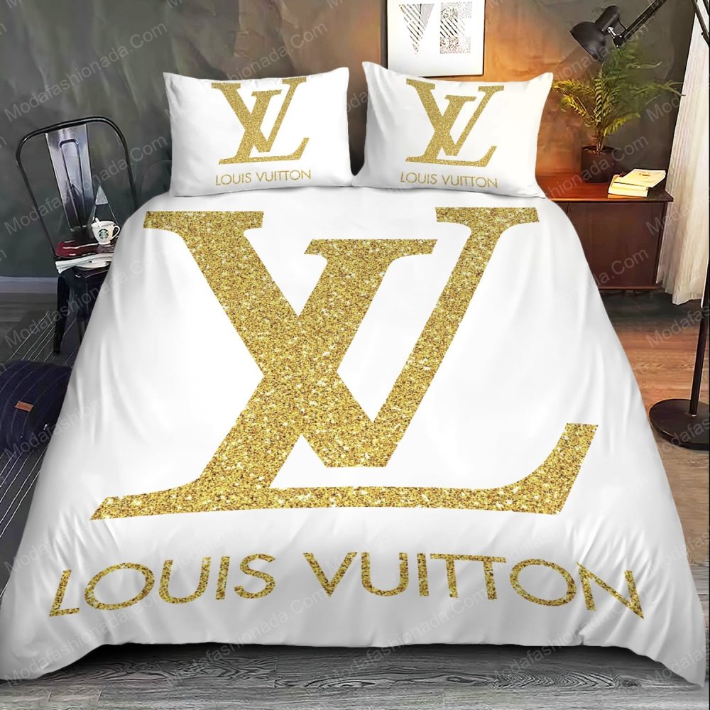 Louis Vuitton Gold Monogram Bedding Set Luxury White