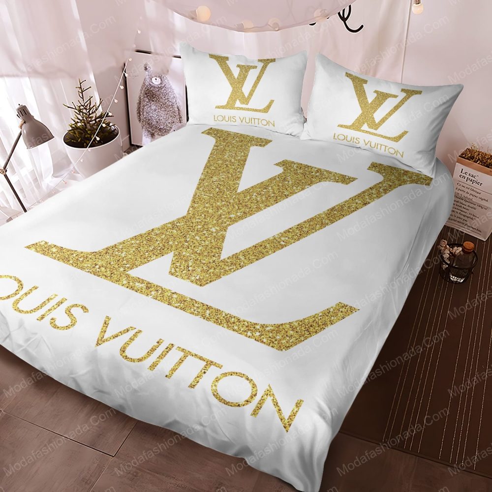 Louis Vuitton Gold Monogram Bedding Set Luxury White