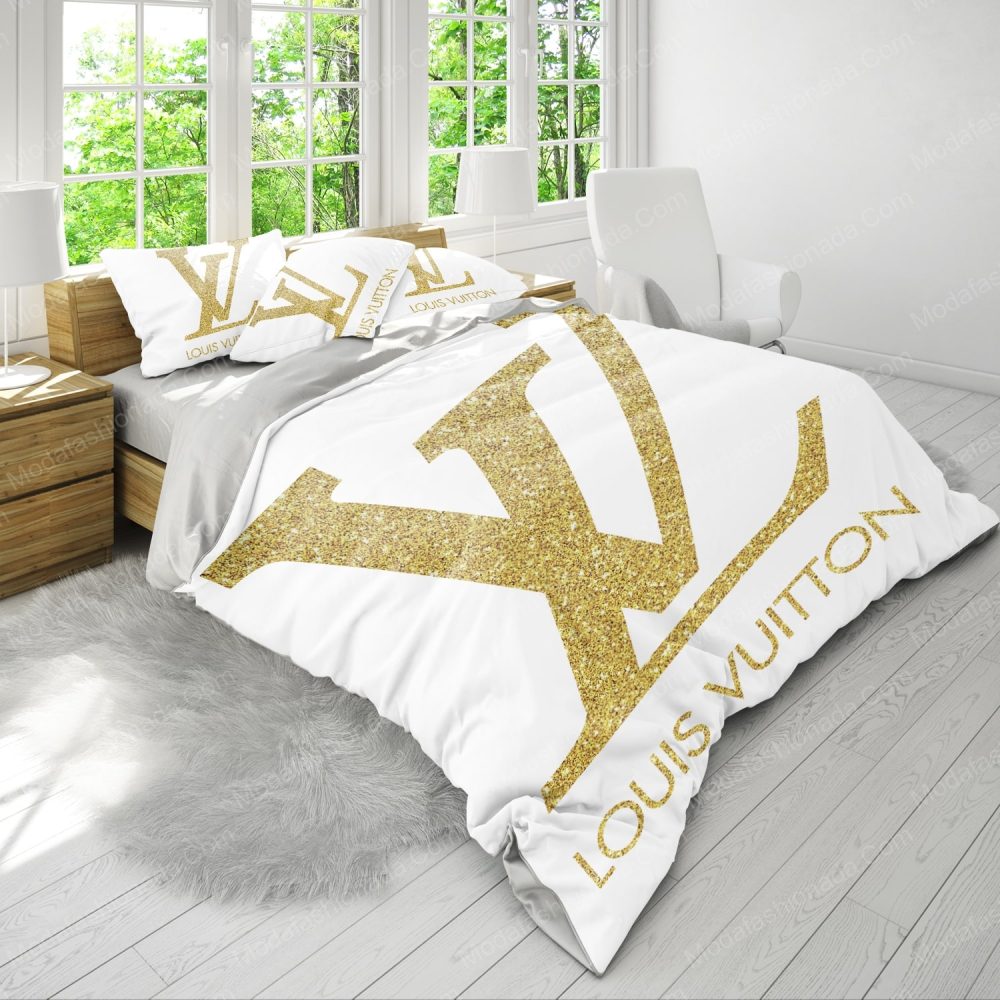 Louis Vuitton Gold Monogram Bedding Set Luxury White