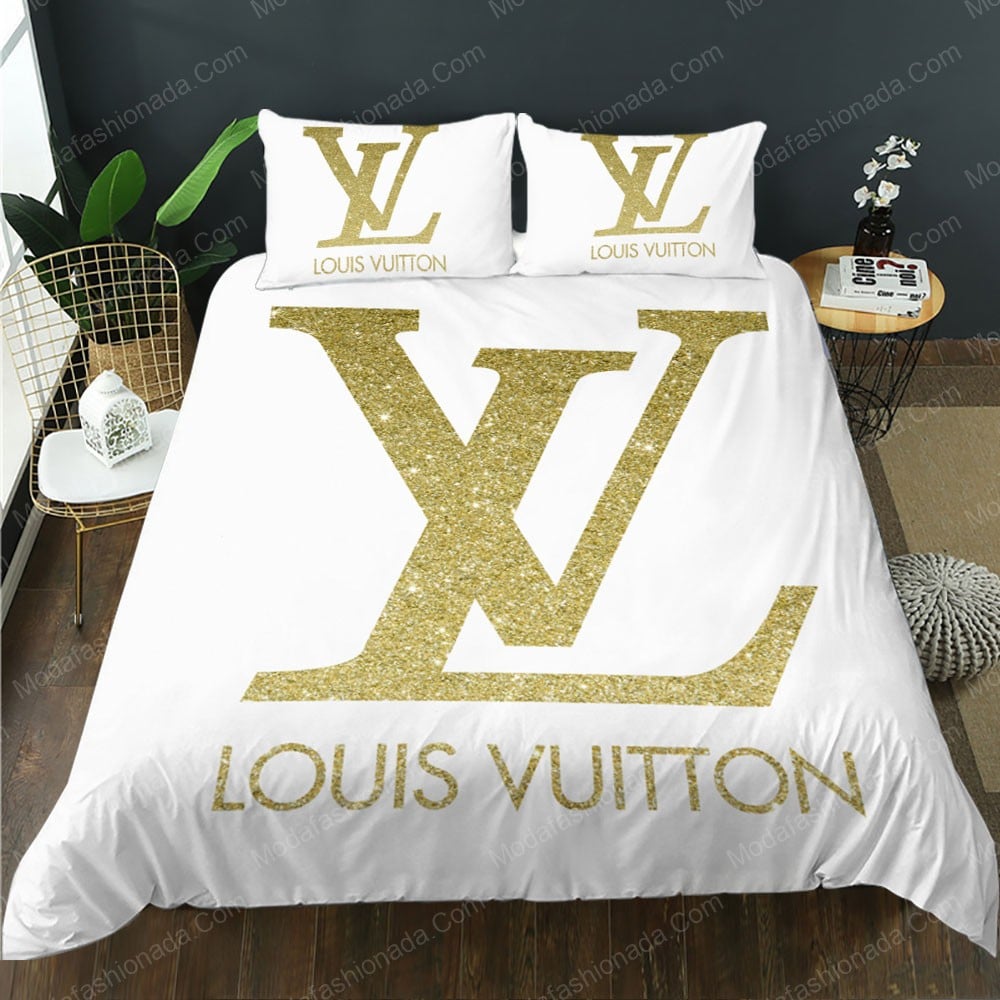 Louis Vuitton Gold Monogram Bedding Set Luxury White