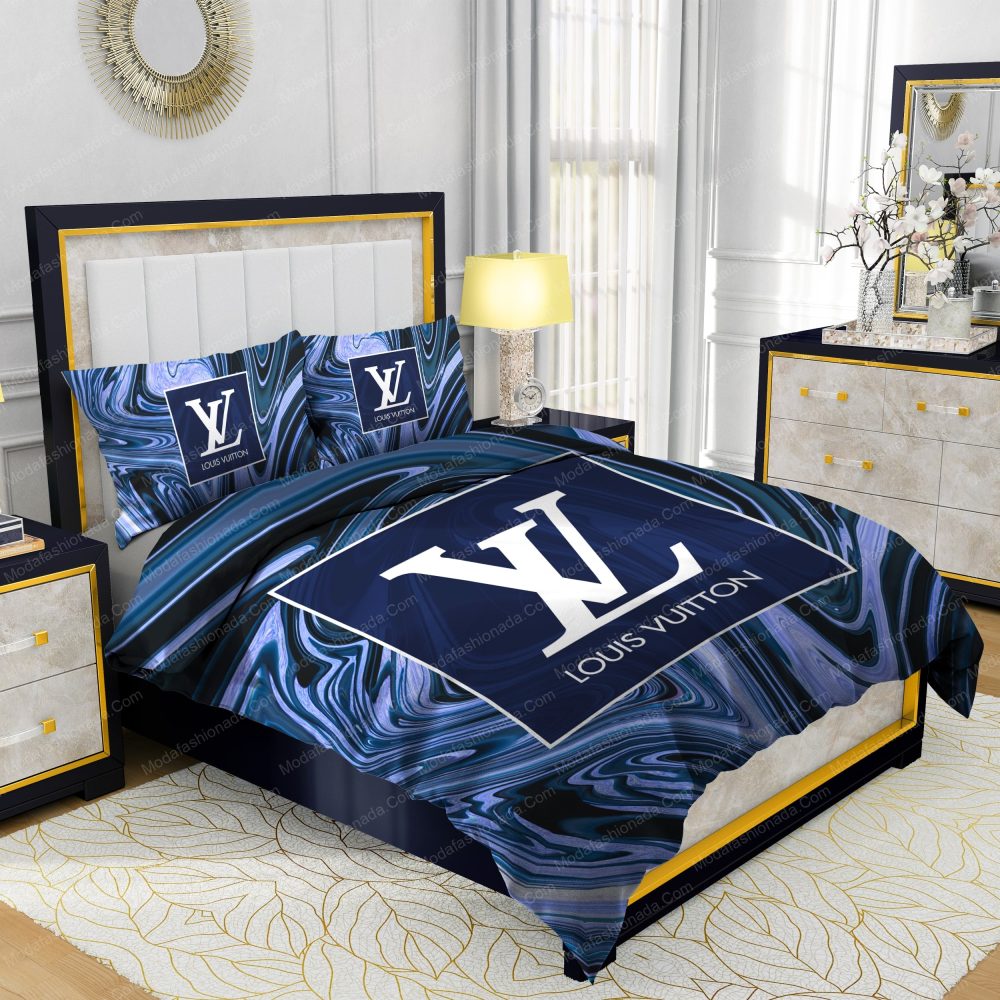 Louis Vuitton Dark Blue Marble Background Bedding Sets