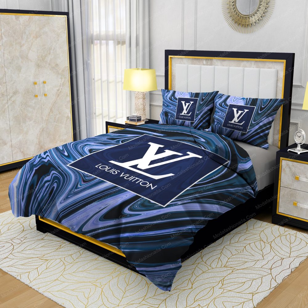 Louis Vuitton Dark Blue Marble Background Bedding Sets
