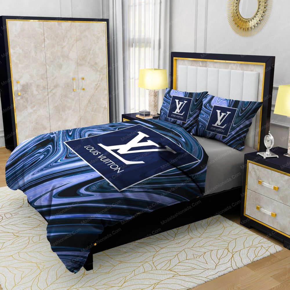 Louis Vuitton Dark Blue Marble Background Bedding Sets