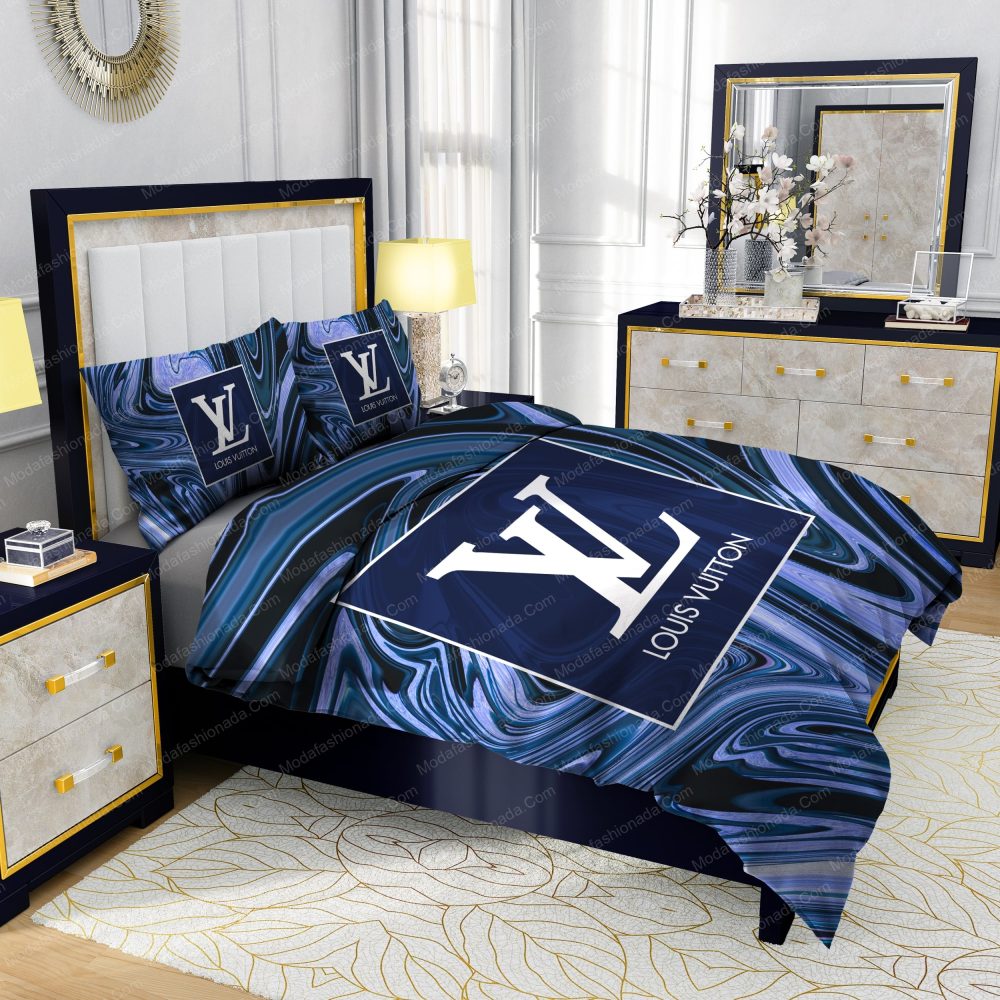 Louis Vuitton Dark Blue Marble Background Bedding Sets