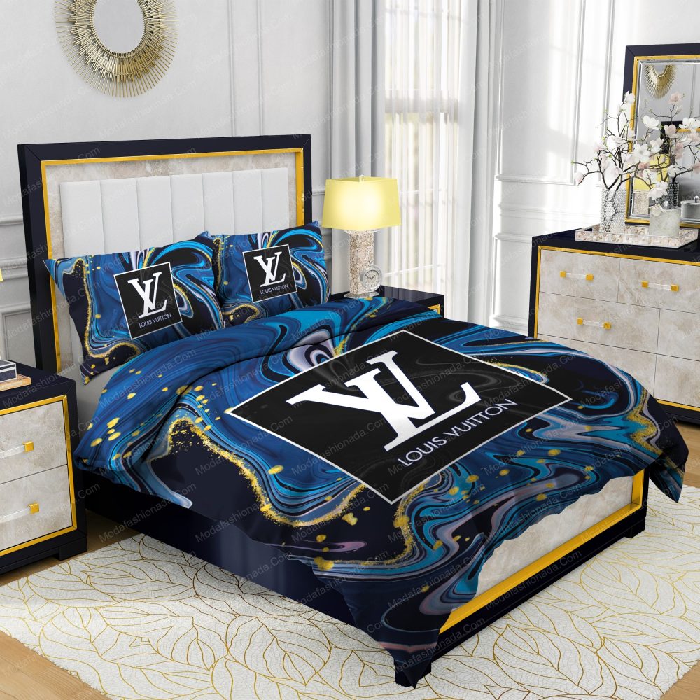 Louis Vuitton Watercolor Background With Golden Foil Bedding Sets