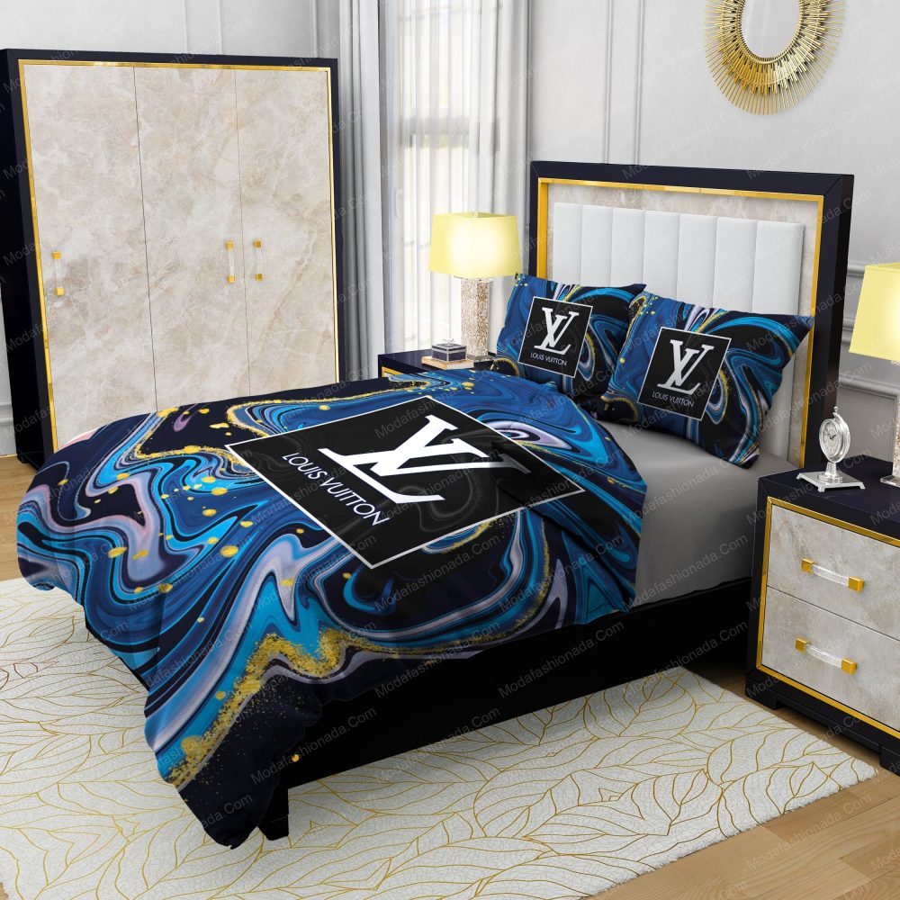 Louis Vuitton Watercolor Background With Golden Foil Bedding Sets