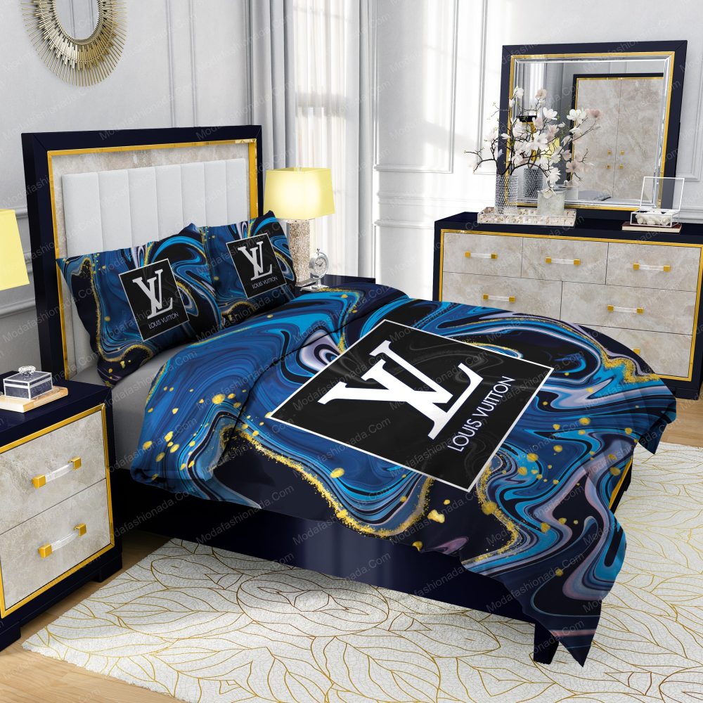 Louis Vuitton Watercolor Background With Golden Foil Bedding Sets
