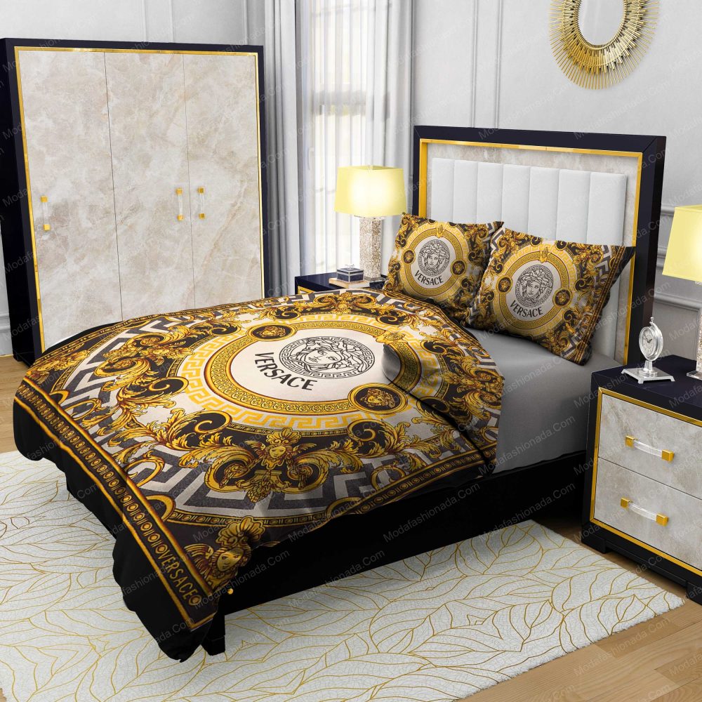 Luxurious Versace Logo Intricate Gold And Black Baroque Patterns Bedding Sets