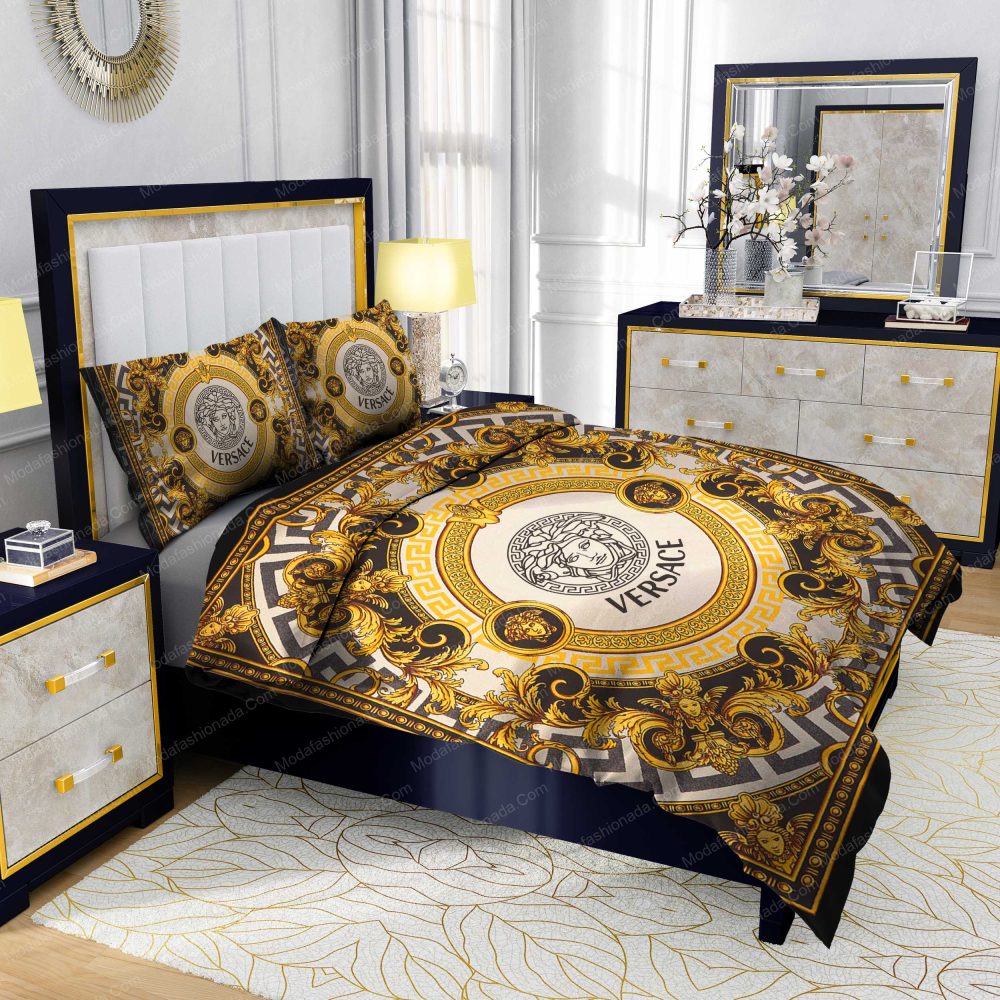 Luxurious Versace Logo Intricate Gold And Black Baroque Patterns Bedding Sets