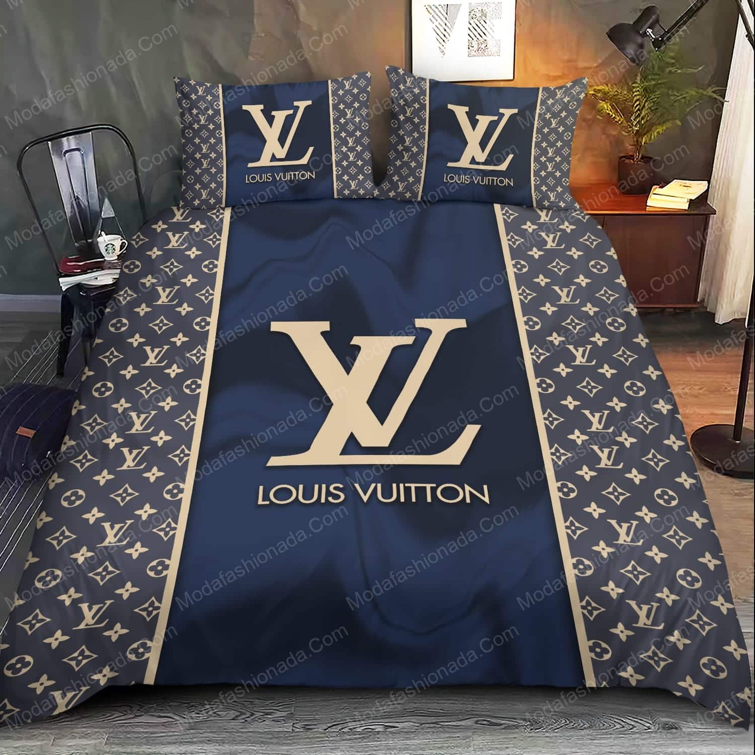 Navy Louis Vuitton Brand Color With Classic Monogram Pattern Bedding Sets