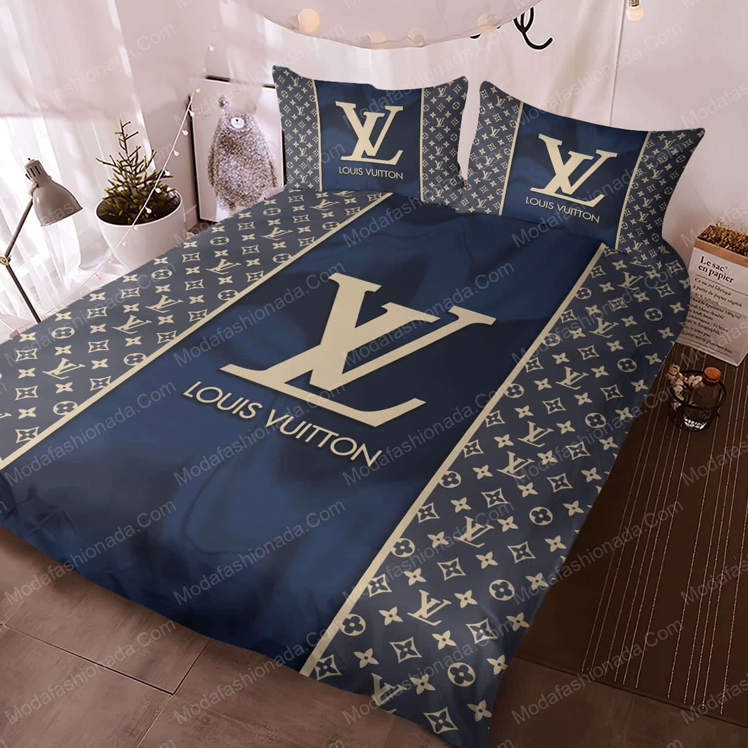 Navy Louis Vuitton Brand Color With Classic Monogram Pattern Bedding Sets