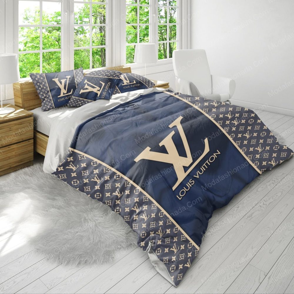 Navy Louis Vuitton Brand Color With Classic Monogram Pattern Bedding Sets