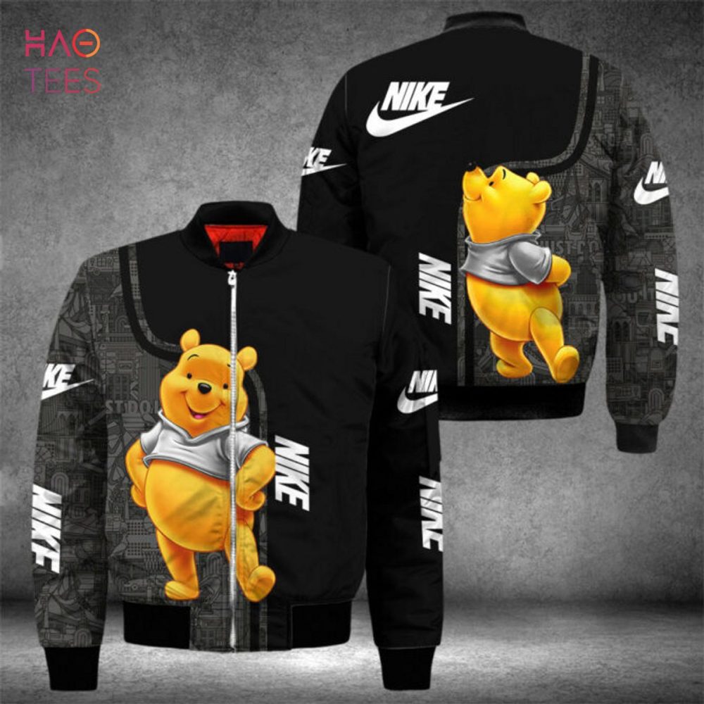 Stylish Black Nike Bomber Jacket With Cute Bear Design - Trendy Unisex Outerwear