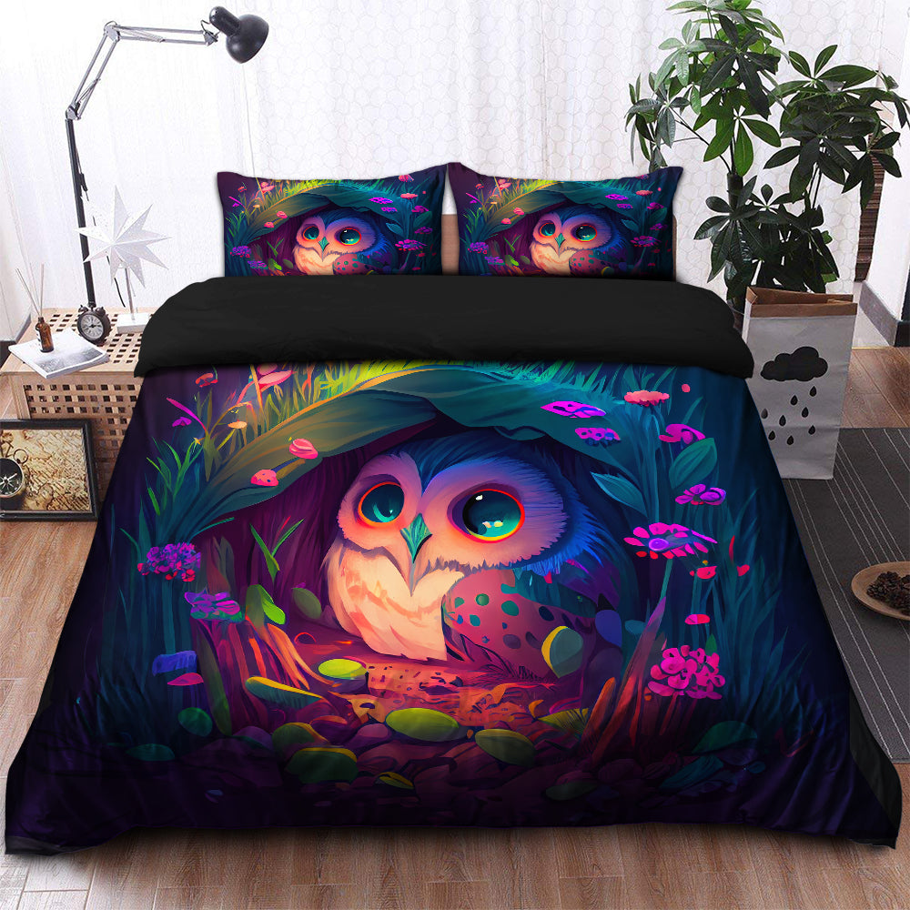 Owl Bedded Down In The Grass Safe And Cozy Fireflies Bedding Set Duvet Cover And 2 Pillowcases