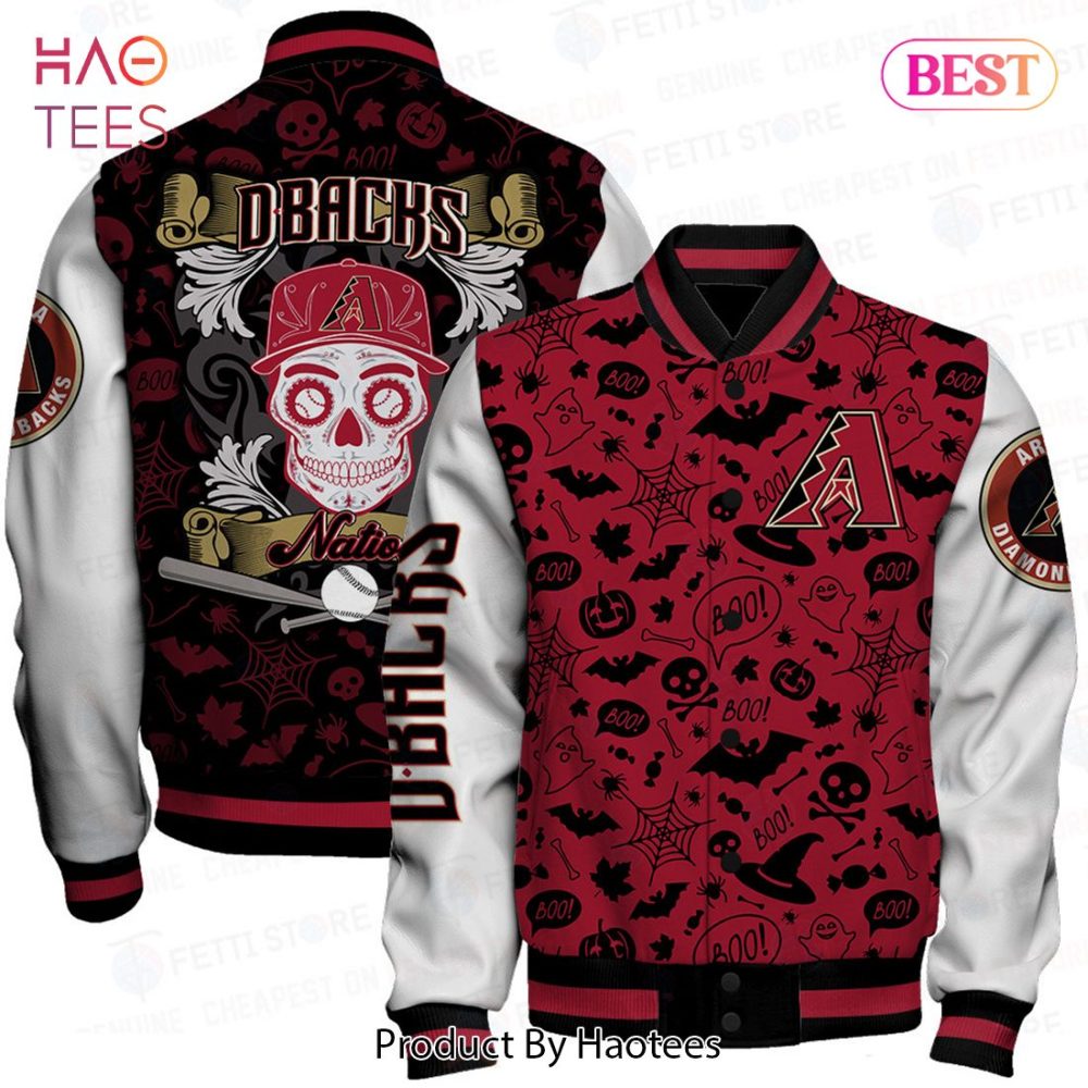 Spooky Dbacks Varsity Jacket - Halloween Skull Design, Unisex Bomber By Haotees