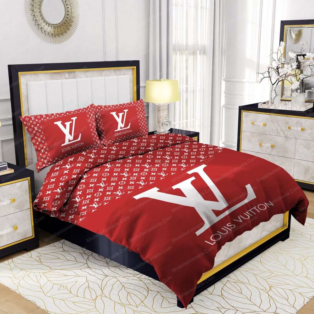 Red Background And White Pattern Louis Vuitton Bedding Sets