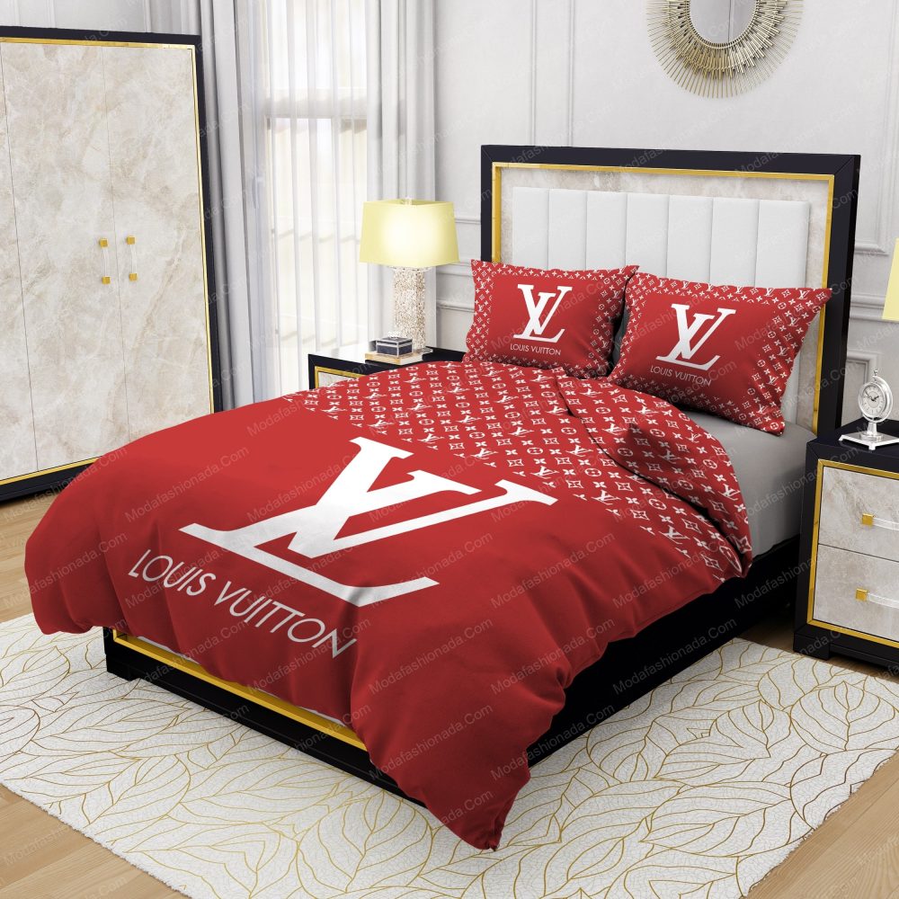 Red Background And White Pattern Louis Vuitton Bedding Sets