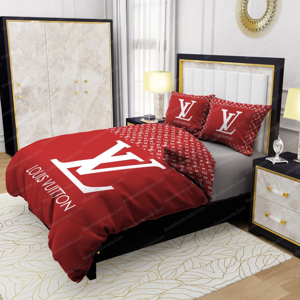 Red Background And White Pattern Louis Vuitton Bedding Sets