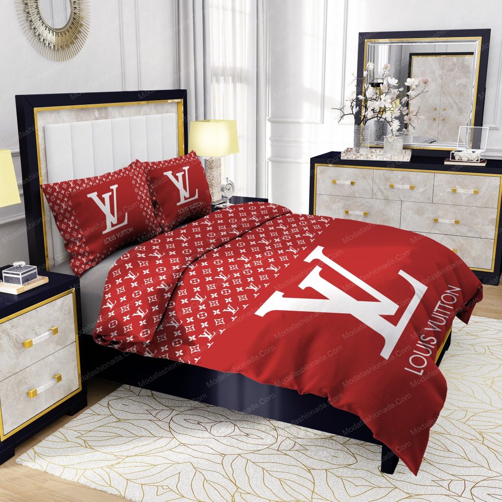 Red Background And White Pattern Louis Vuitton Bedding Sets