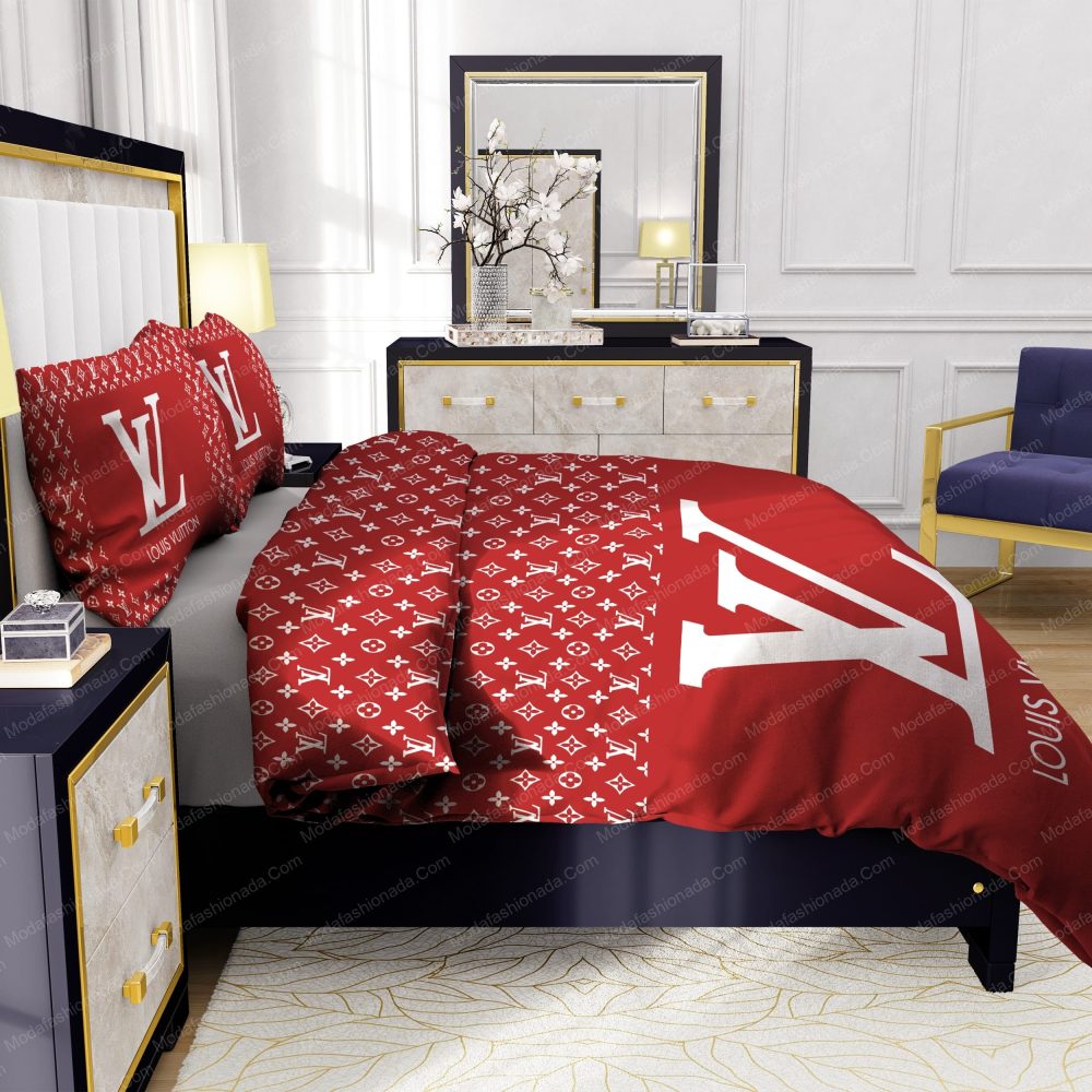 Red Background And White Pattern Louis Vuitton Bedding Sets