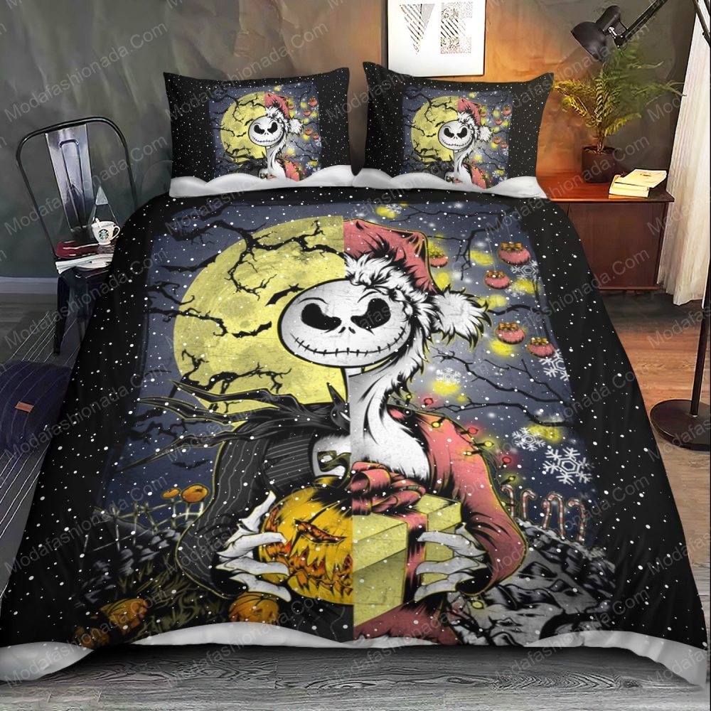 Spooky Holiday Bedding Set - Moonlit Skeleton Design With Pumpkins &amp; Stars