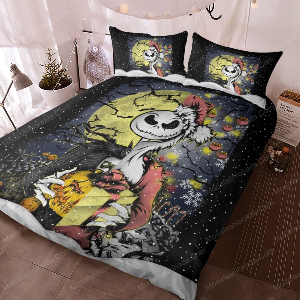 Spooky Holiday Bedding Set - Moonlit Skeleton Design With Pumpkins &amp; Stars
