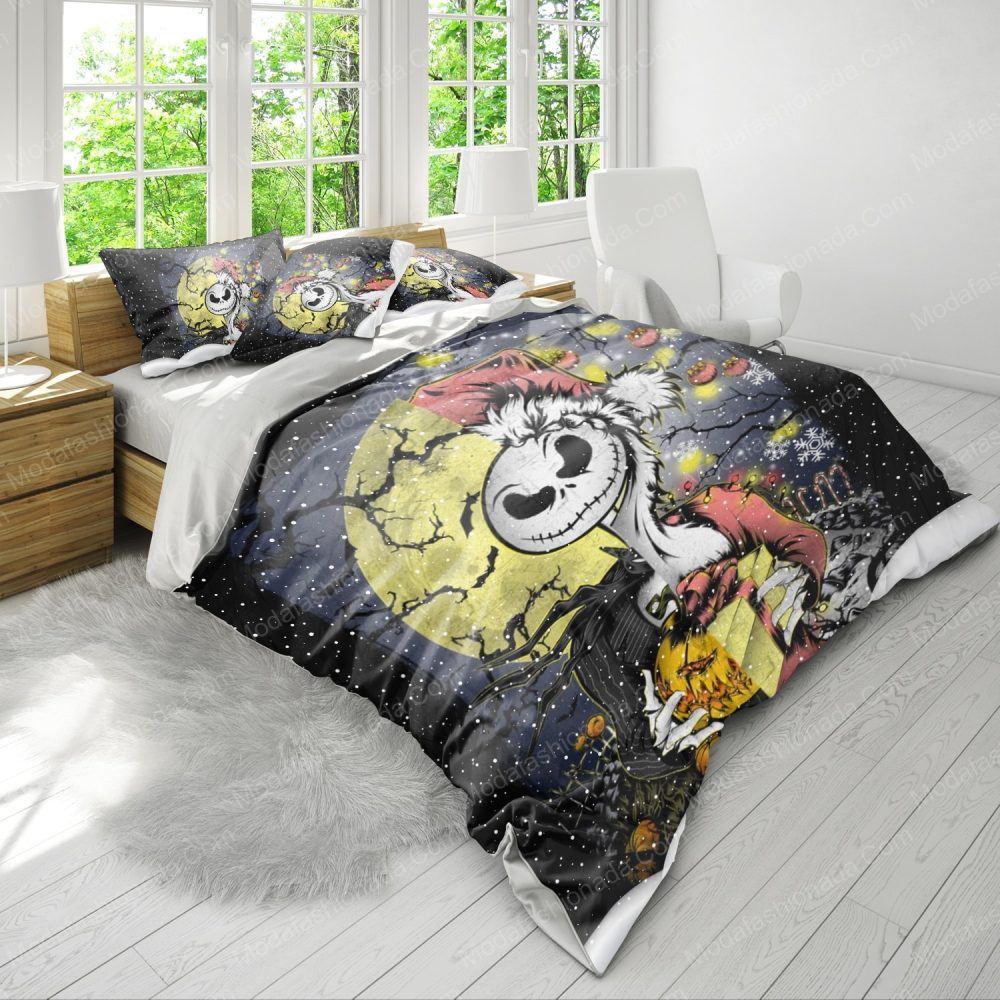 Spooky Holiday Bedding Set - Moonlit Skeleton Design With Pumpkins &amp; Stars