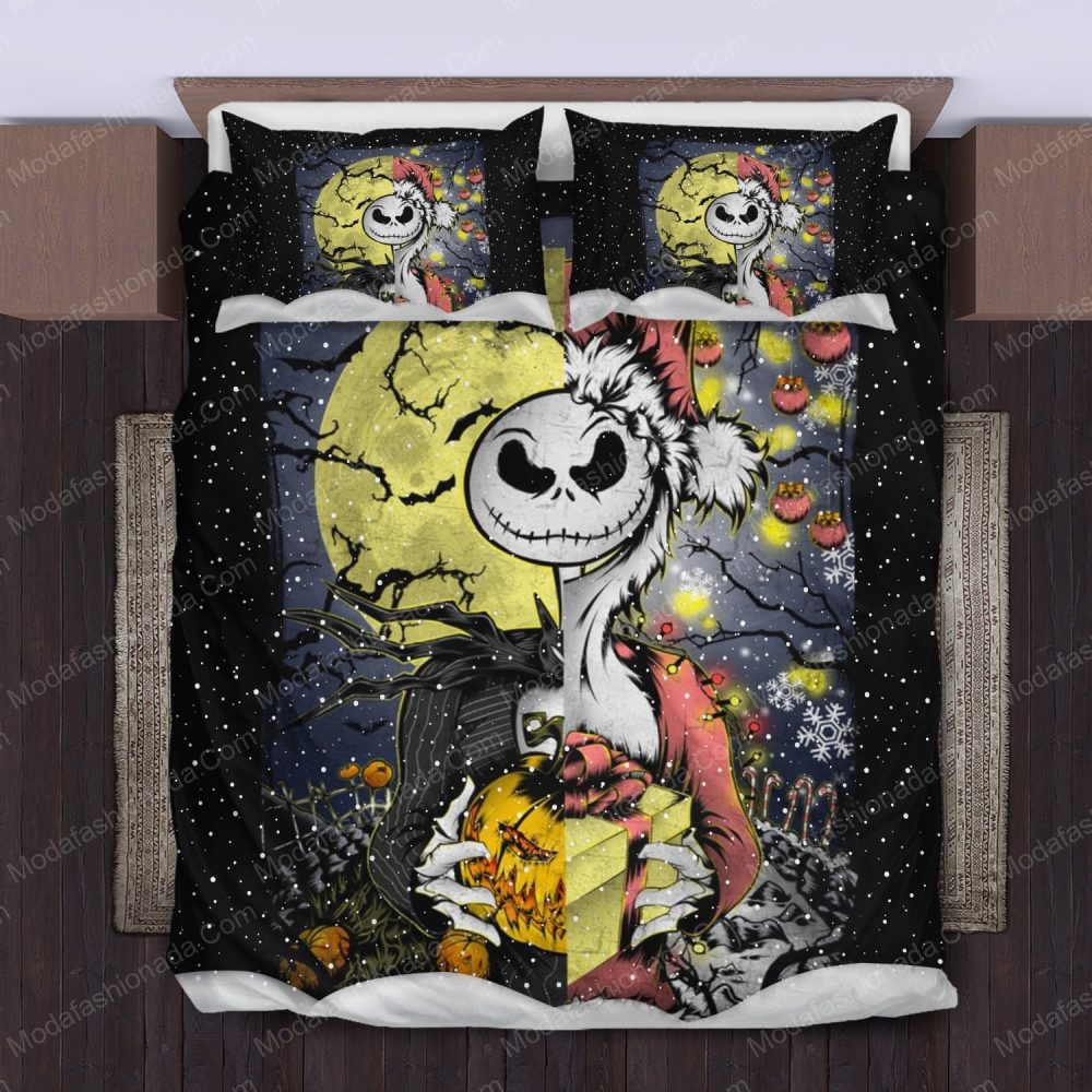 Spooky Holiday Bedding Set - Moonlit Skeleton Design With Pumpkins &amp; Stars