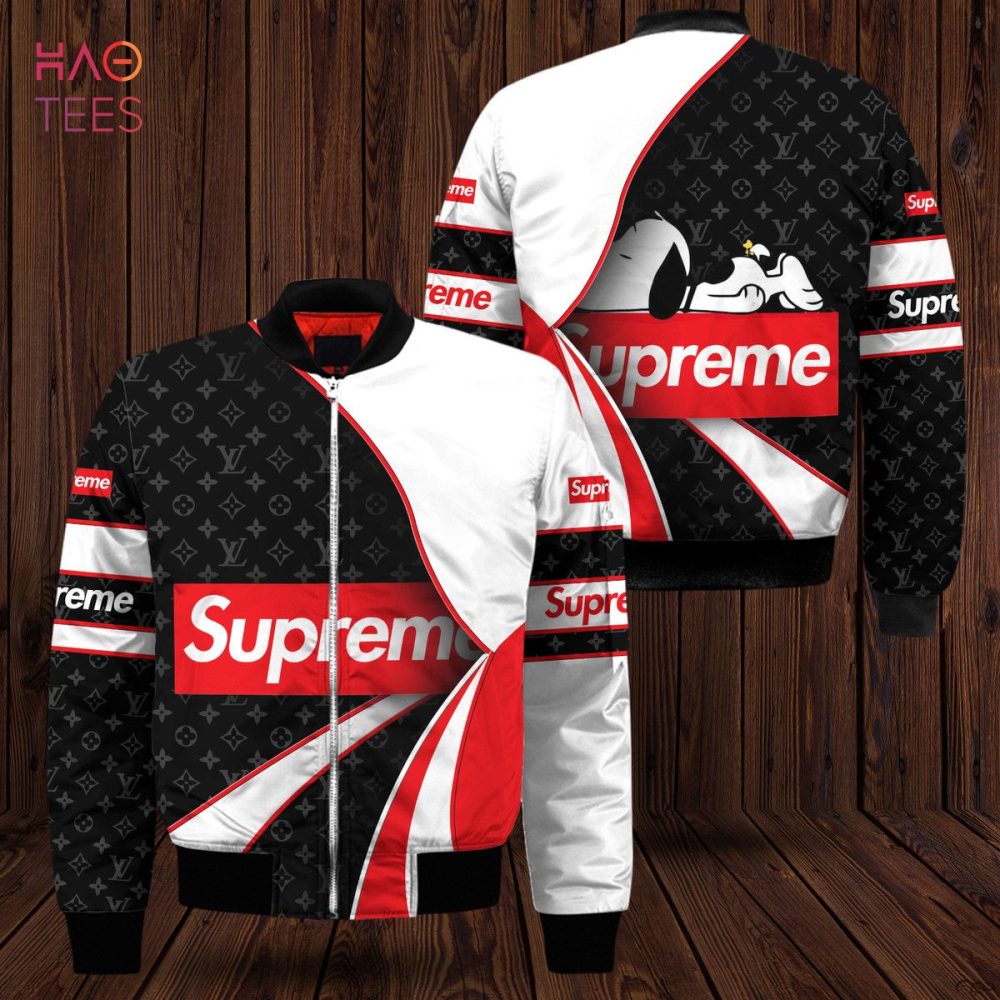 Trendy Supreme-Inspired Bomber Jacket - Bold Black, White &amp; Red Design For Streetwear Lovers
