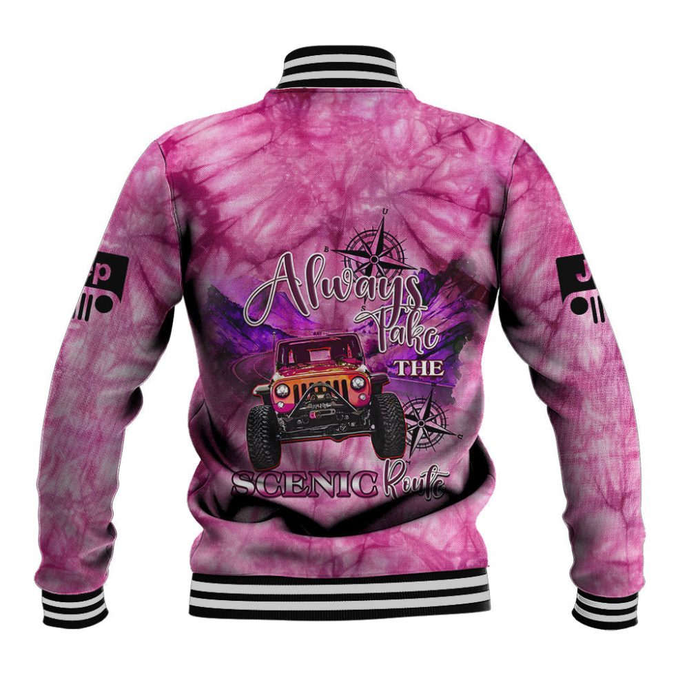Pink Jeep Tie Dye Baseball Jacket Always Take The Scenic Route Ts06