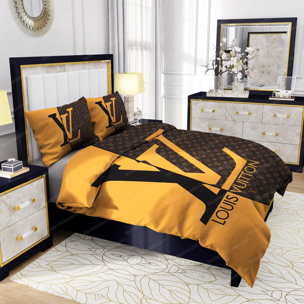 Yellow And Brown Background Louis Vuitton Bedding Sets
